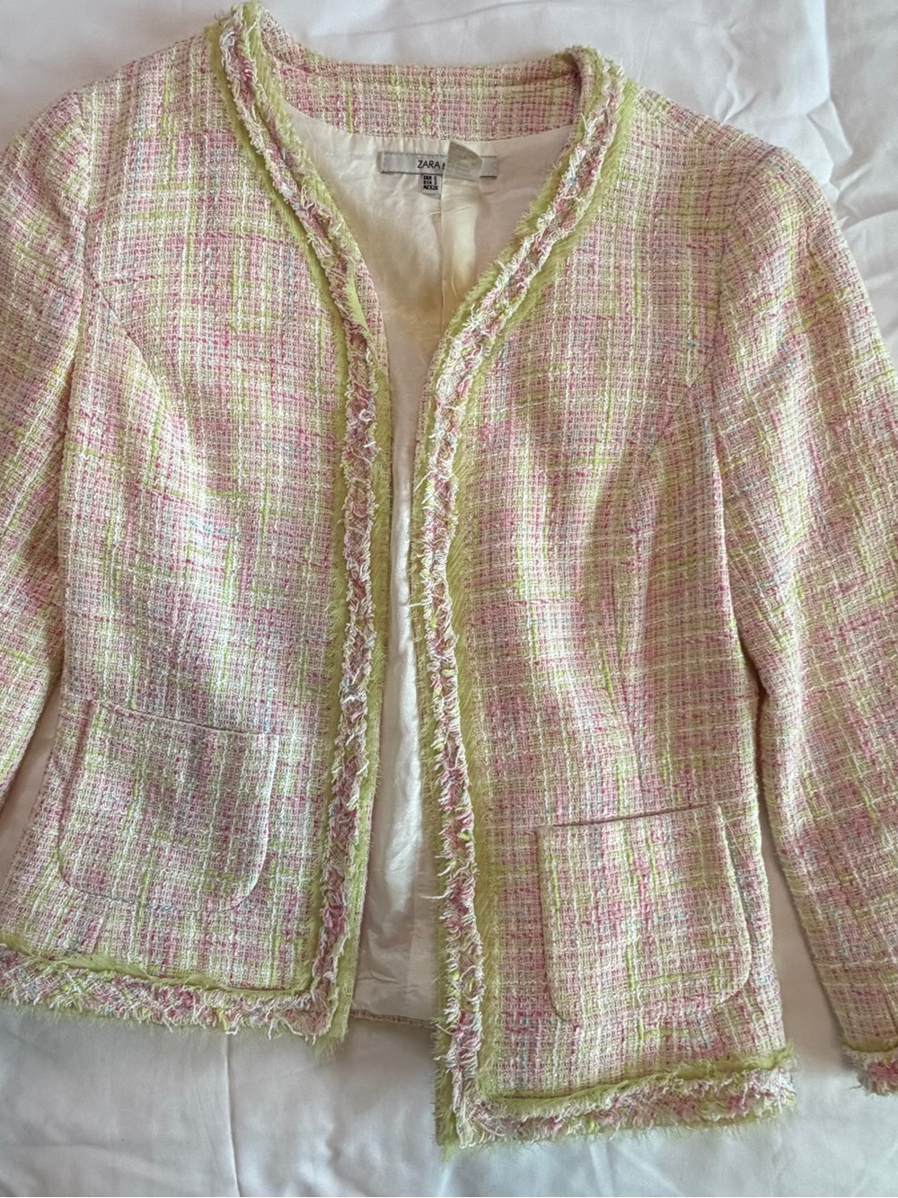 Zara Tweed Jacket Pink Green Fringe Trim Open Front Blazer Size S